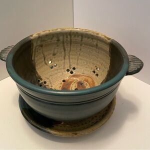 Studio Art Pottery Glazed Berry Bowl Strainer With Saucer